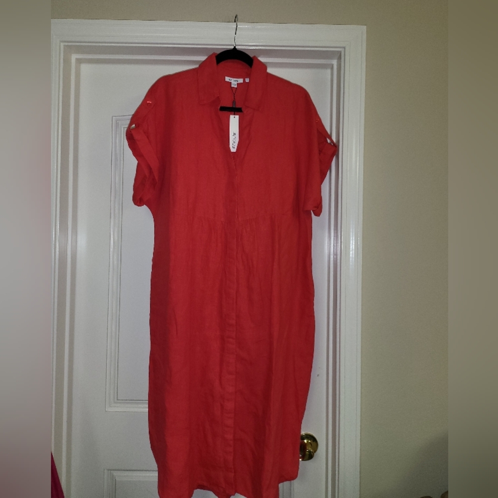 NWT New Chico's 100% Linen Roll Tab Dolman Sleeve Midi Dress Size 2 Watermelon